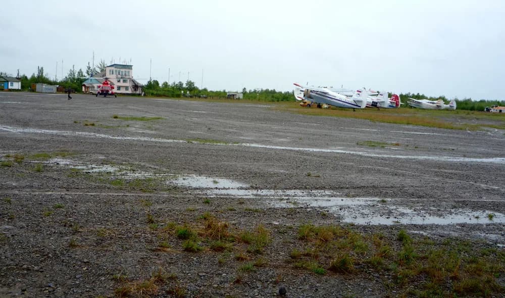 Luftaufnahme der Infrastruktur von Markovo Airport