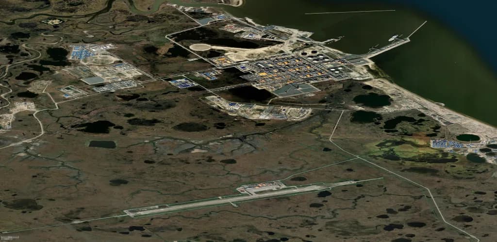 Aerial view of Sabetta Village Heliport airport infrastructure