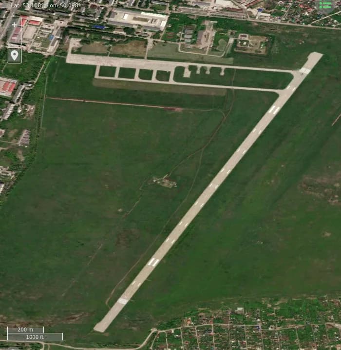 Aerial view of Samara Kryazh Air Base airport infrastructure