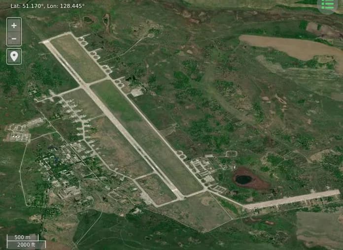 Aerial view of Ukrainka Air Base airport infrastructure