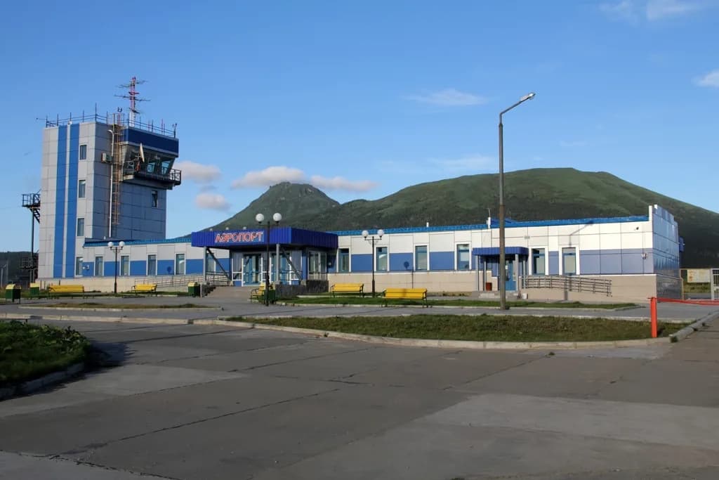 Aerial view of Yuzhno-Kurilsk Mendeleyevo Airport airport infrastructure