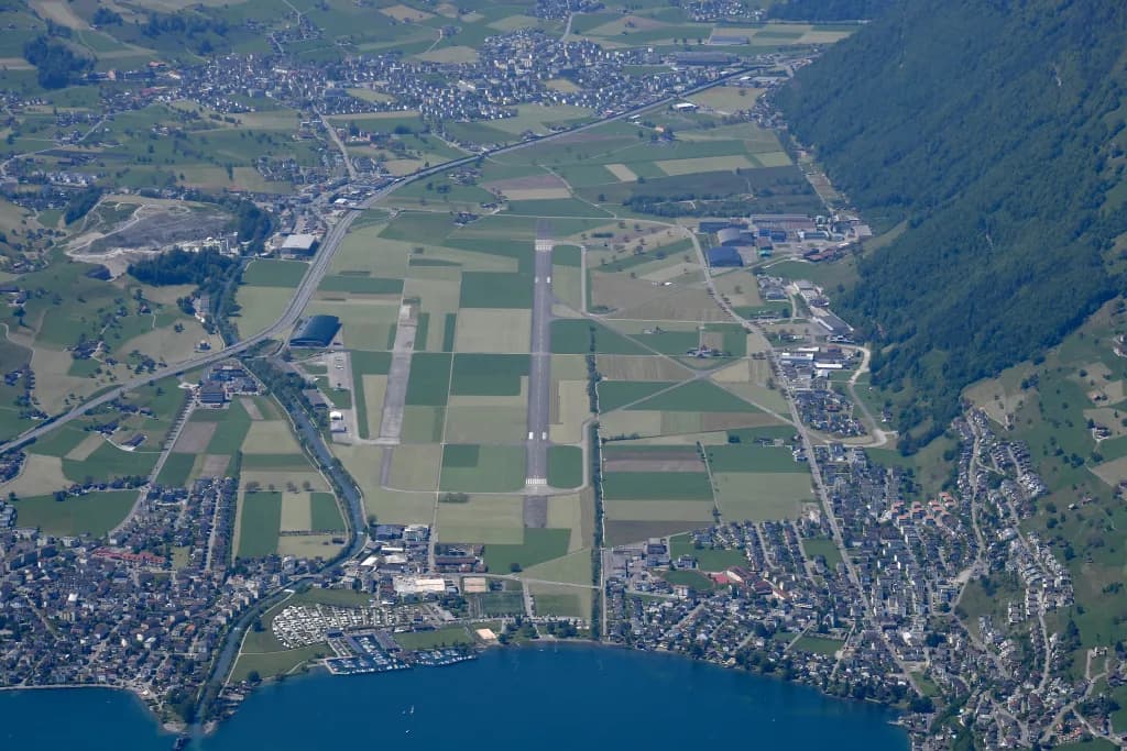 Aerial view of Buochs Airport airport infrastructure