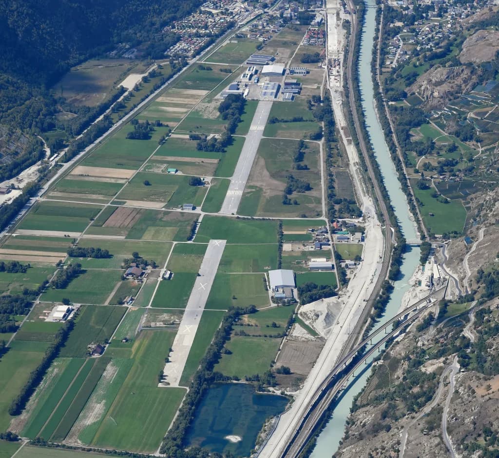 Aerial view of Raron Airfield airport infrastructure