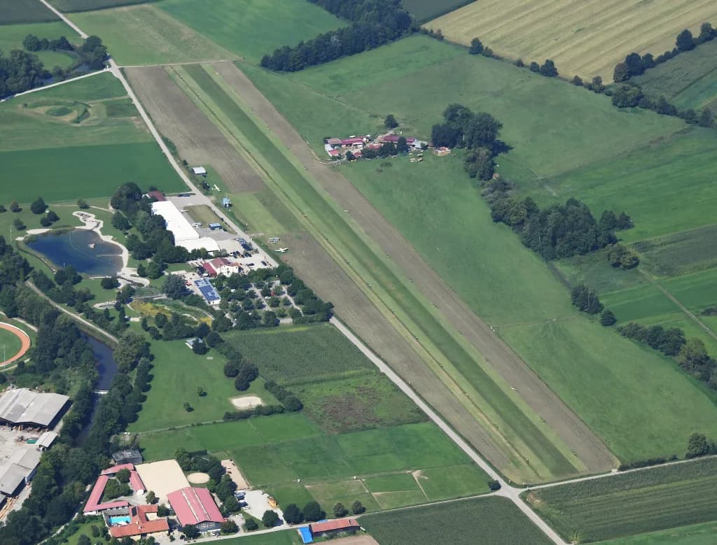 Aerial view of Ampfing-Waldkraiburg Airfield airport infrastructure
