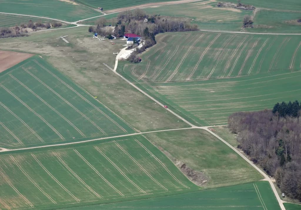 Aerial view of Oppingen-Au Gliderfield airport infrastructure