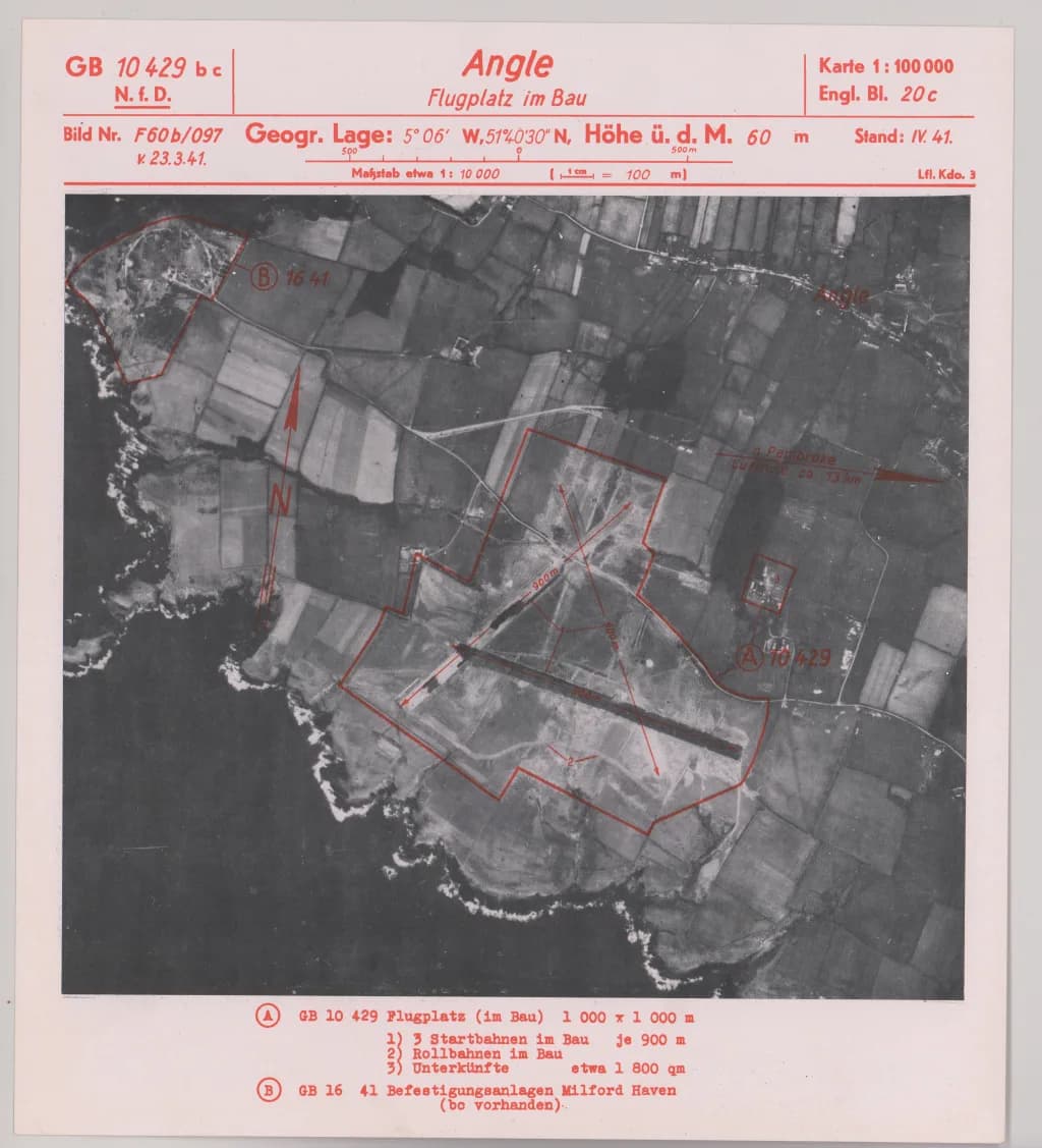 Aerial view of HMS Goldcrest / RAF Angle / RNAS Angle airport infrastructure