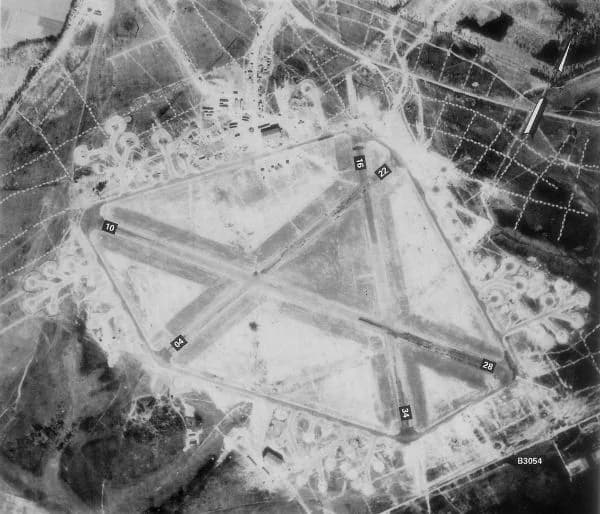 Aerial view of RAF Beaulieu airport infrastructure