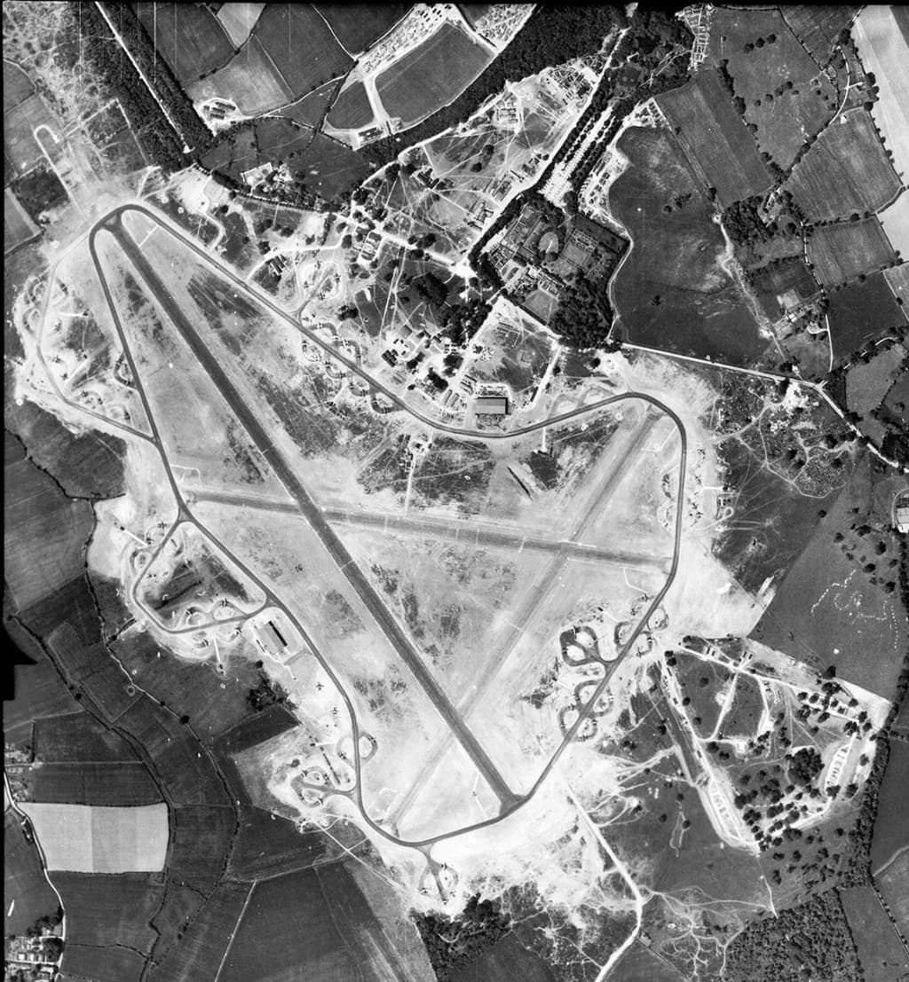 Aerial view of RAF Great Dunmow airport infrastructure
