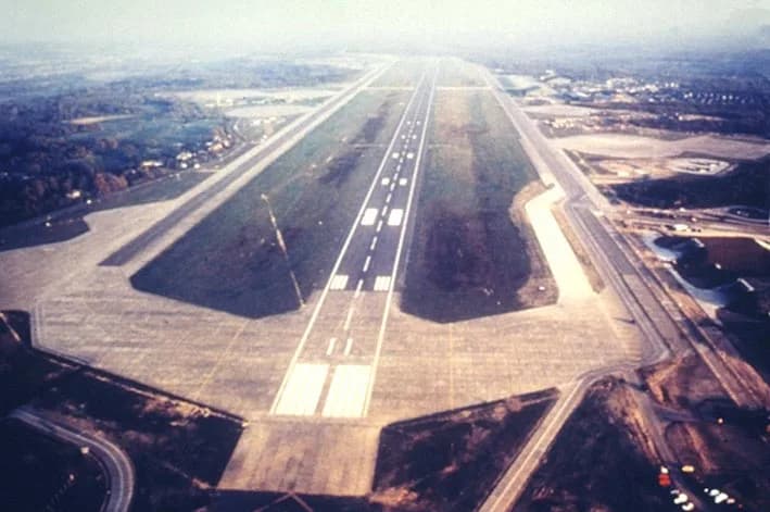 Aerial view of RAF Greenham Common airport infrastructure