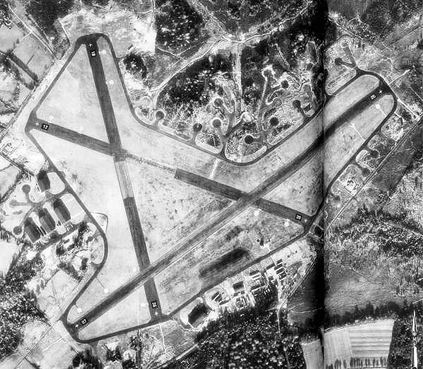 Aerial view of RAF Holmsley South airport infrastructure