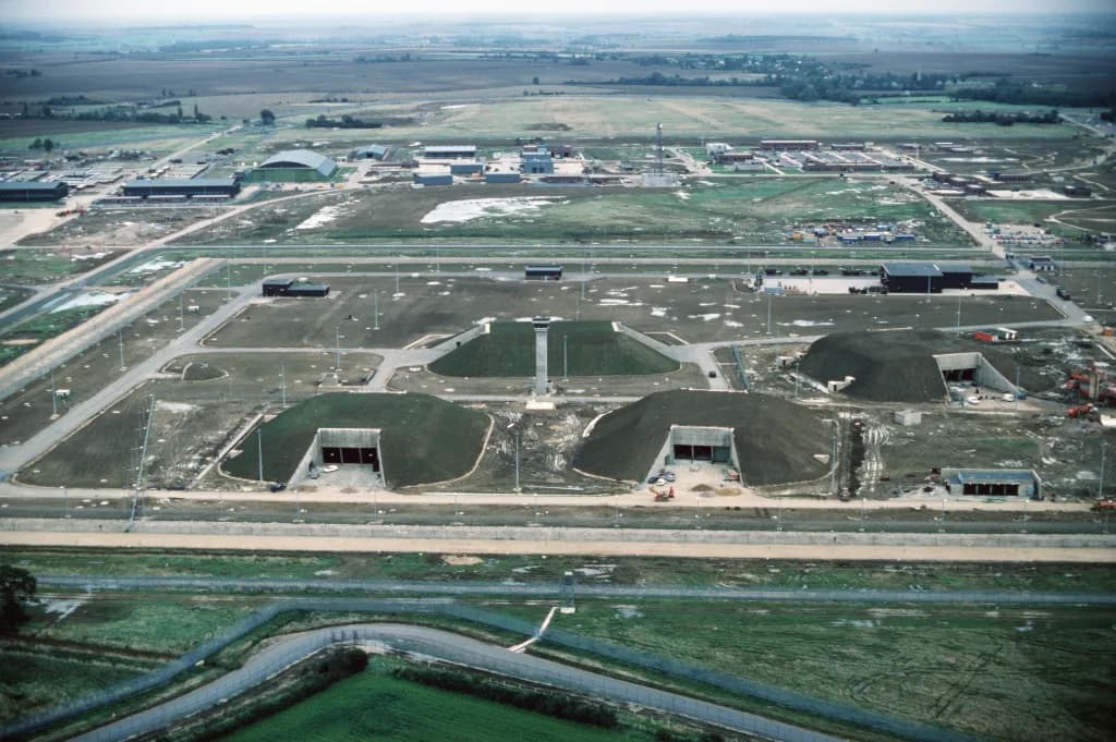 Aerial view of RAF Molesworth airport infrastructure