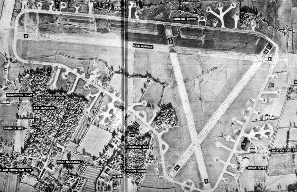 Aerial view of RAF Thorpe Abbotts airport infrastructure