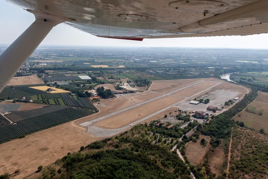 Aerial view of Verona-Boscomantico Airfield airport infrastructure