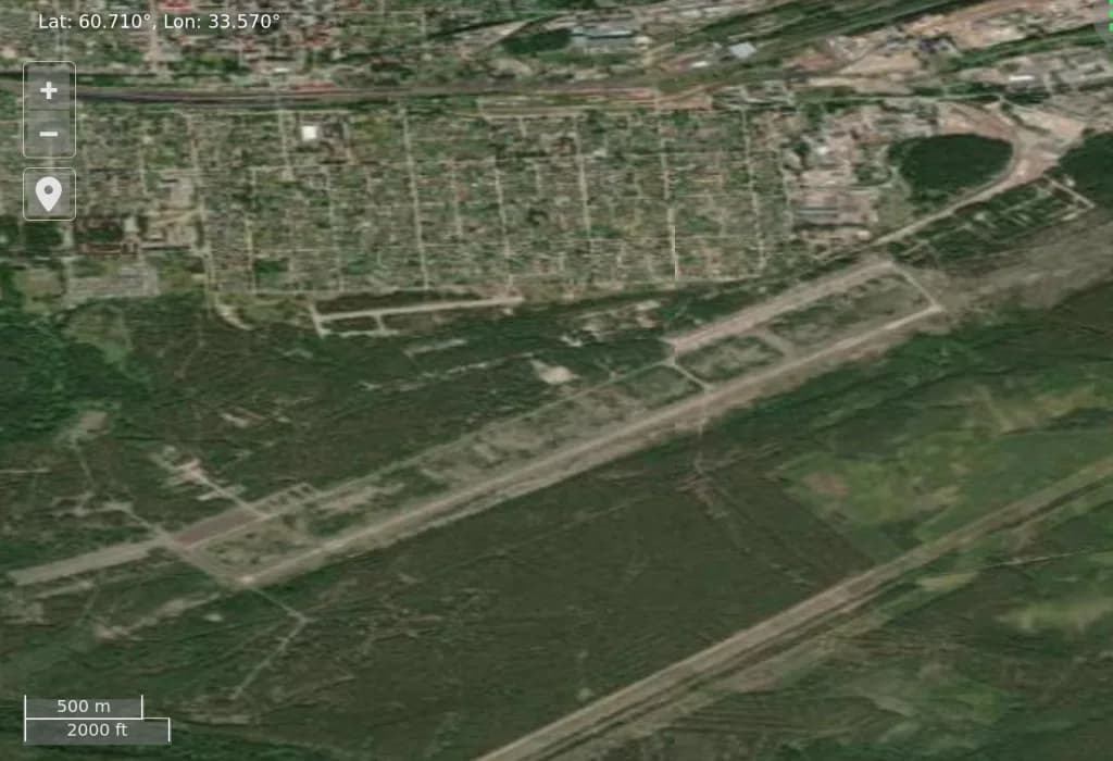 Aerial view of Lodeynoye Pole Air Base airport infrastructure
