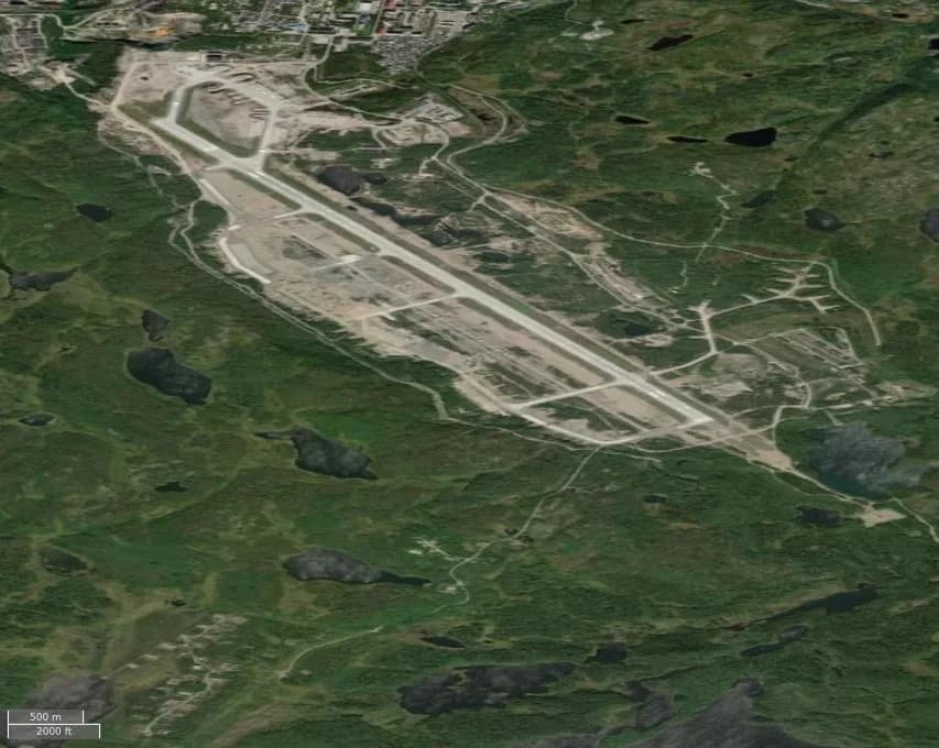 Aerial view of Severomorsk-1 Naval Air Base airport infrastructure