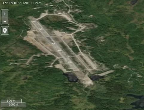 Aerial view of Severomorsk-2 Naval Air Base airport infrastructure