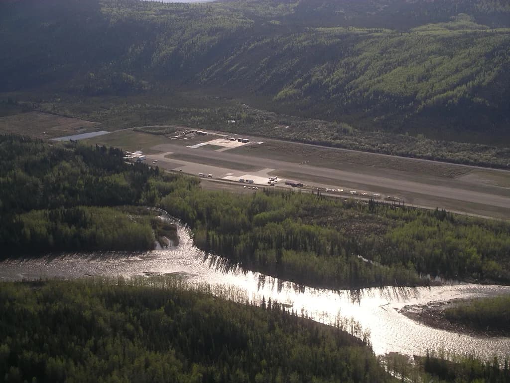Aerial view of Dawson City Airport airport infrastructure