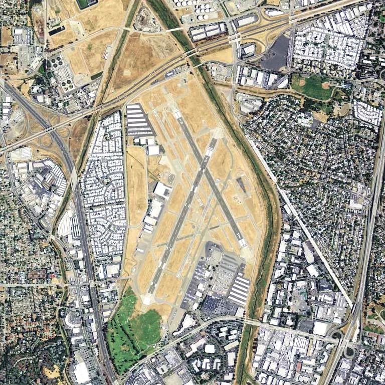 Aerial view of Buchanan Field airport infrastructure