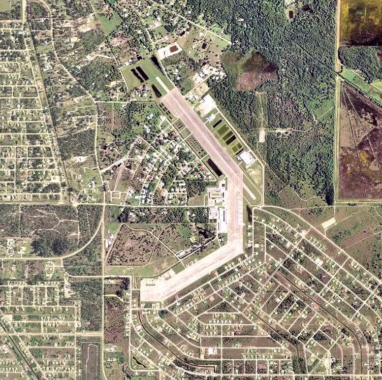Aerial view of Buckingham Field airport infrastructure