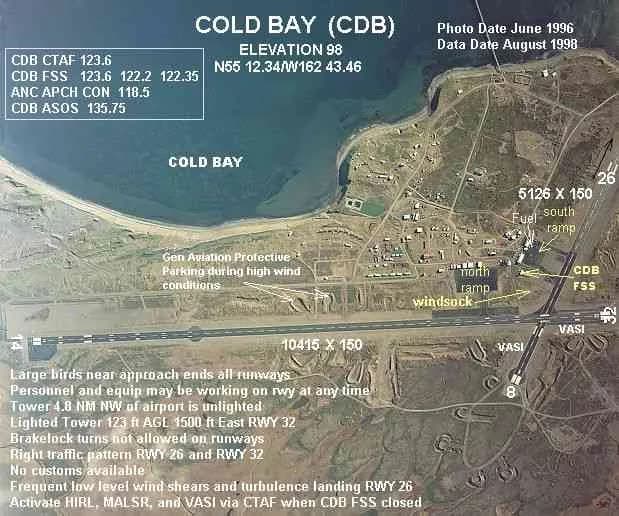Luftaufnahme der Infrastruktur von Cold Bay Airport