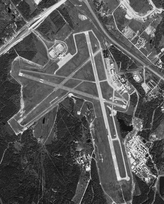 Aerial view of Easterwood Field airport infrastructure