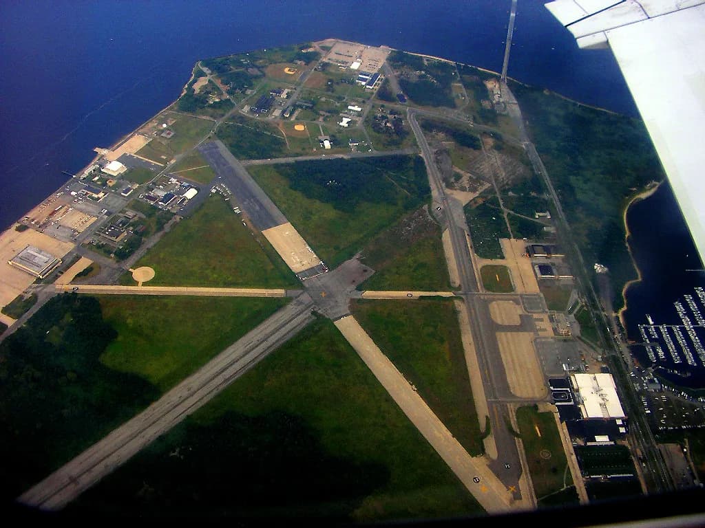 Aerial view of Floyd Bennett Field airport infrastructure