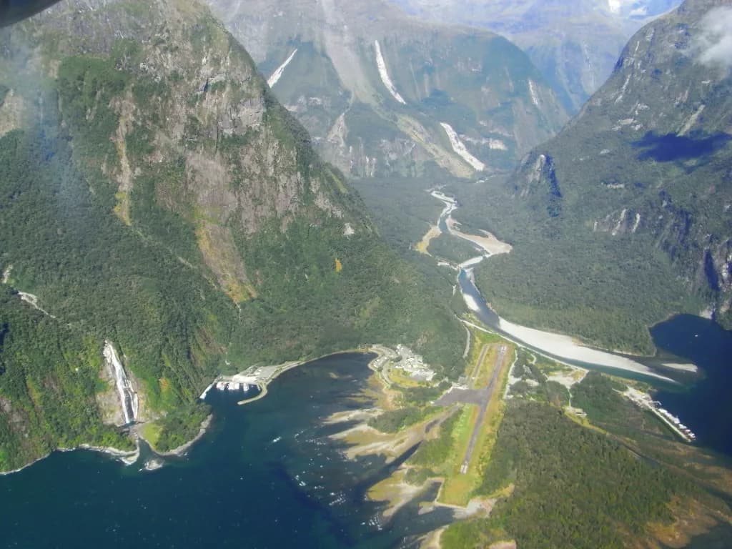Aerial view of Milford Sound Airport airport infrastructure